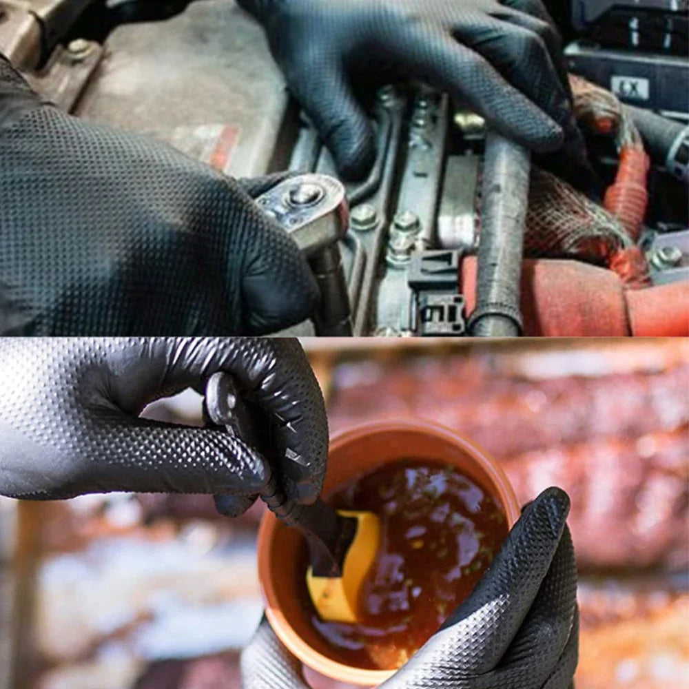 Grip-X Black Heavy Duty Nitrile Gloves used for mechanic work and handling materials in wet conditions.