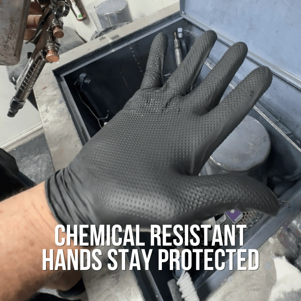 Grip-X Black Heavy Duty Nitrile Gloves providing hand protection for chemical resistance and grip in demanding work tasks.